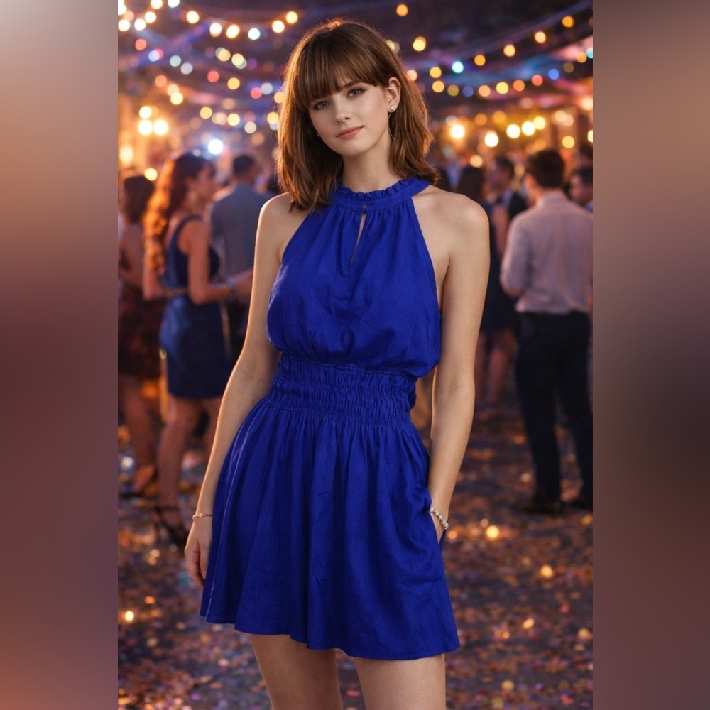 GLAM Blue Midi Ruffle Neck Gathered Waist Sleeveless Dress Size Medium